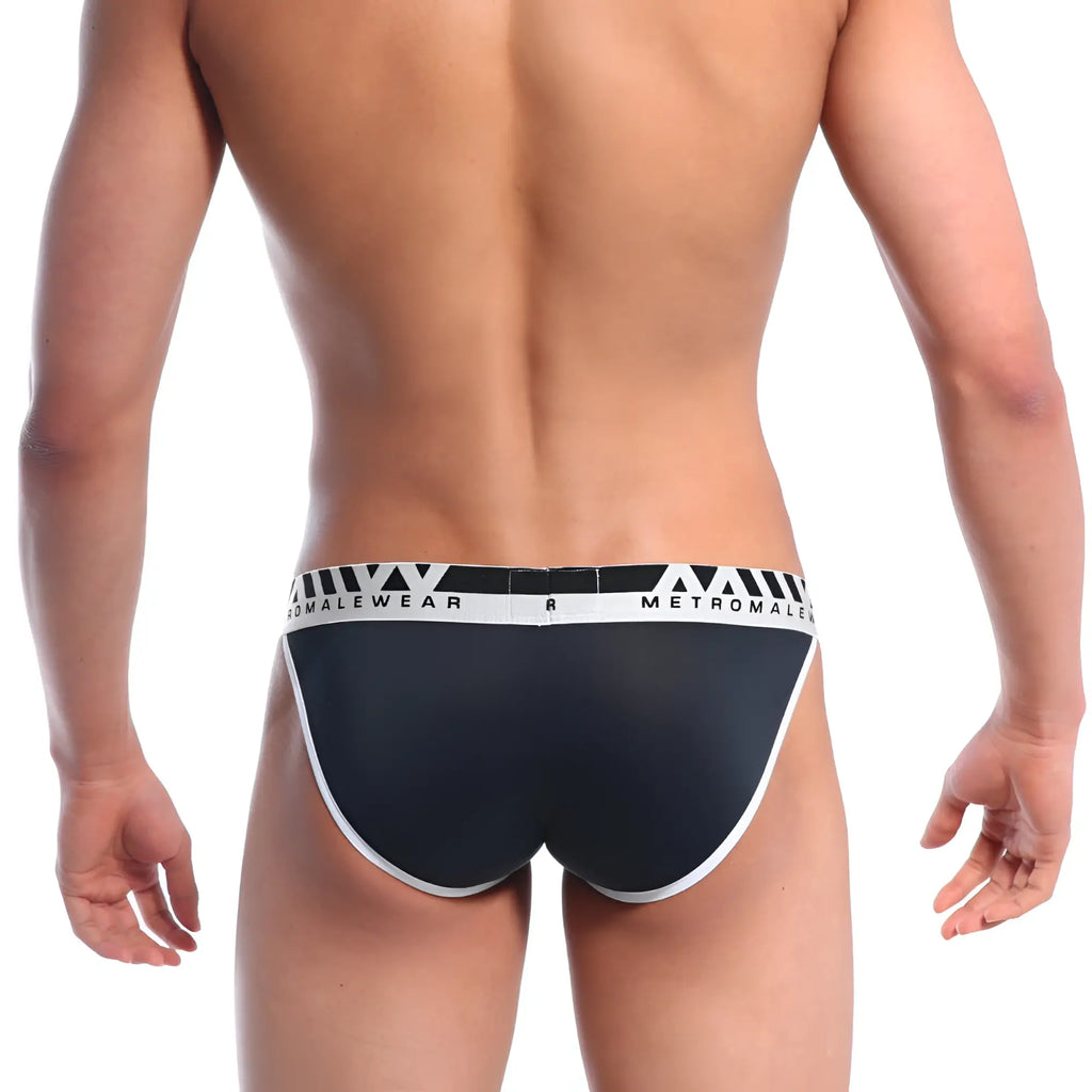 Black and white metromalewear perfect scene bikini briefs with a sleek form-fitting design visible from the front