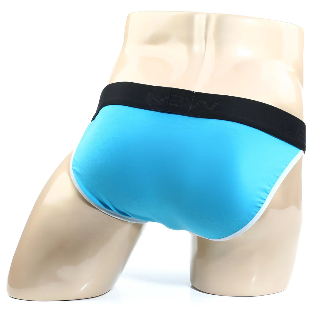 Bright blue mens briefs with black mew logo waistband and white trim from MetroMaleWear Perfect Scene Bikini Turquoise 1004-08