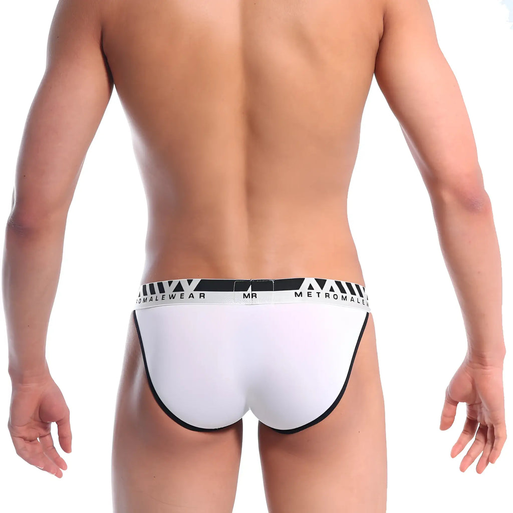 White briefs with black trim and metro male branded waistband from metro male wear perfect scene bikini 1004c-00