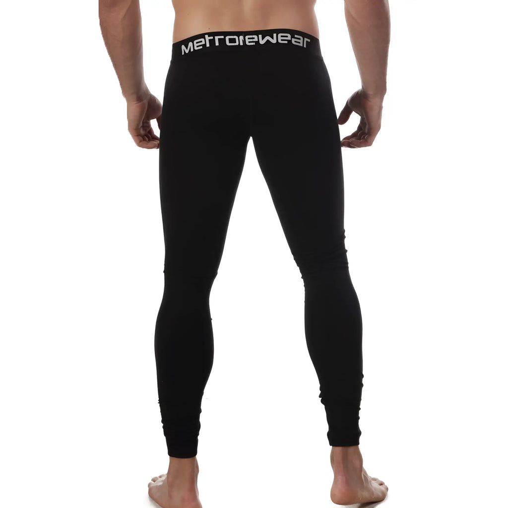 Black metroMaleWear cotton leggings with snug fit and white waistband logo, perfect for activewear use