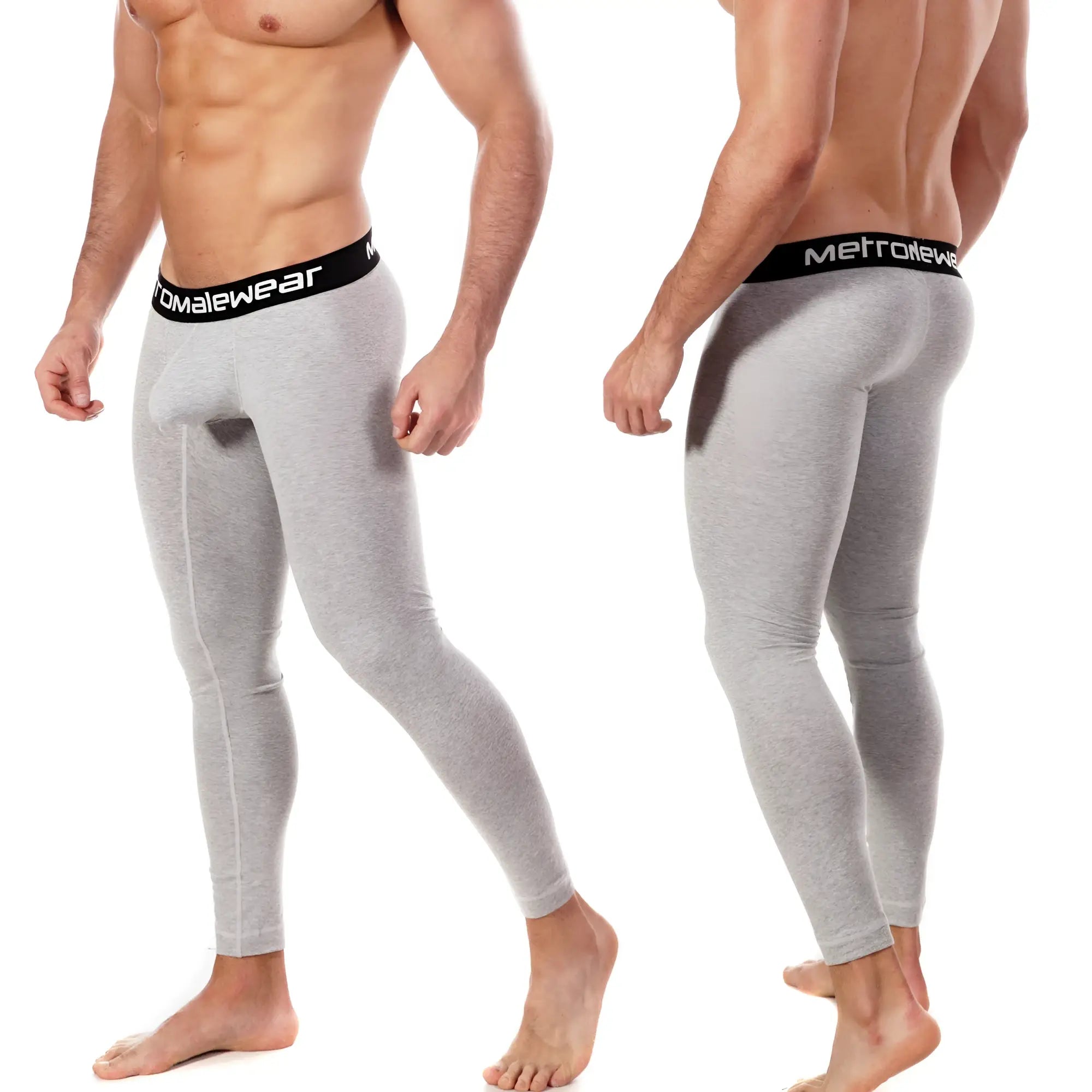 Gray heathered men’s cotton compression tights with black elastic waistband branded metrowear perfect scene long john
