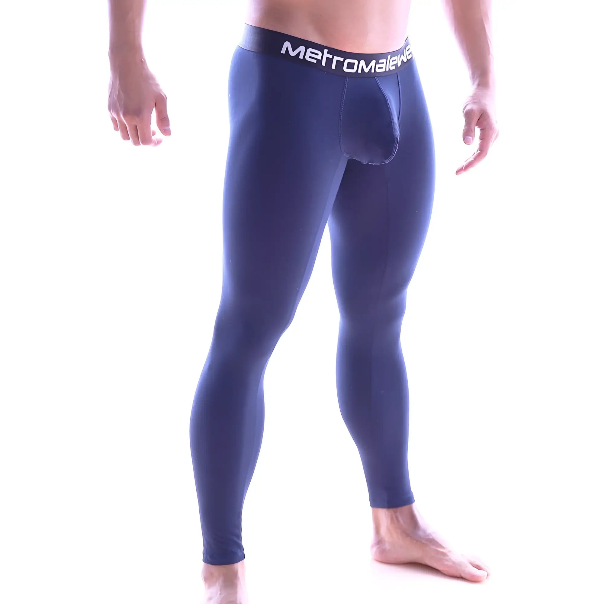 Navy blue stretch cotton leggings with black waistband and white metromale branding from MetroMaleWear perfect scene line