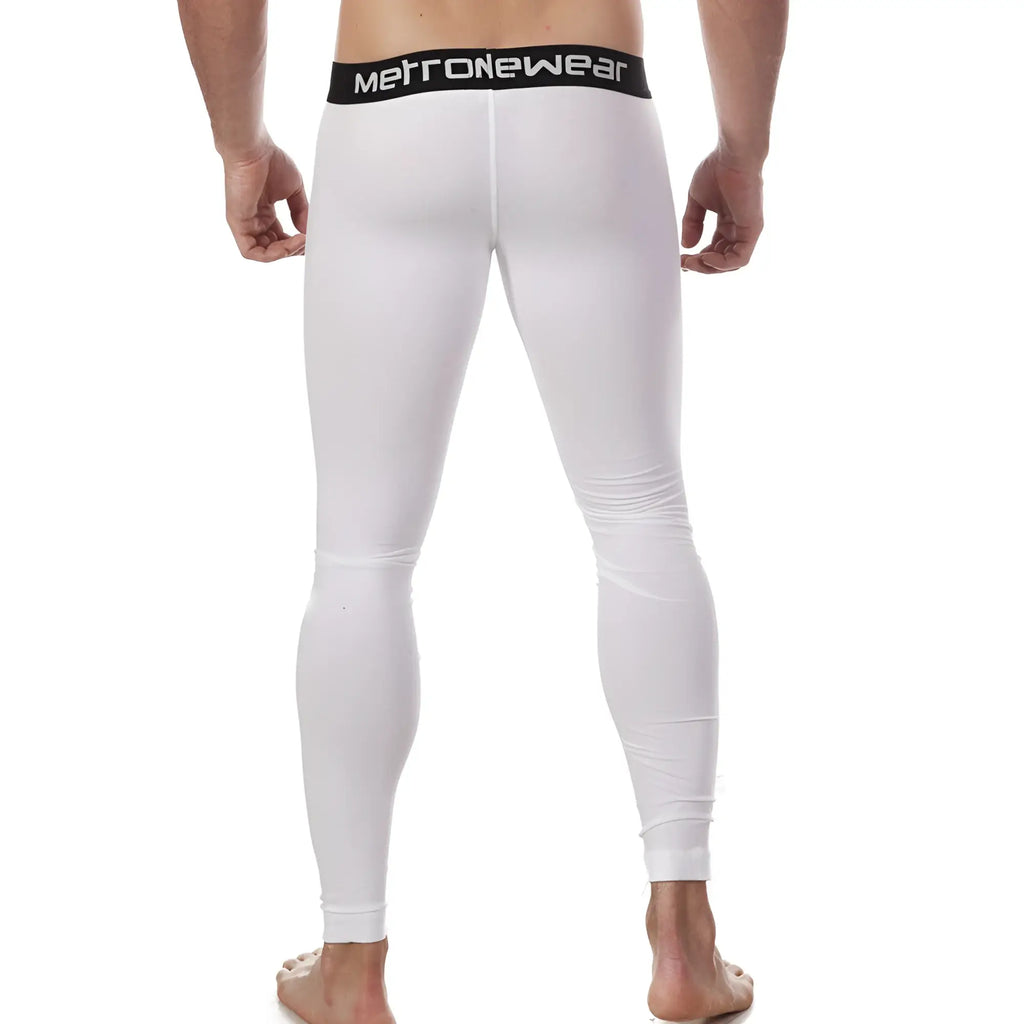 White metronewear cotton long john leggings with a black waistband featuring the brand name in white lettering