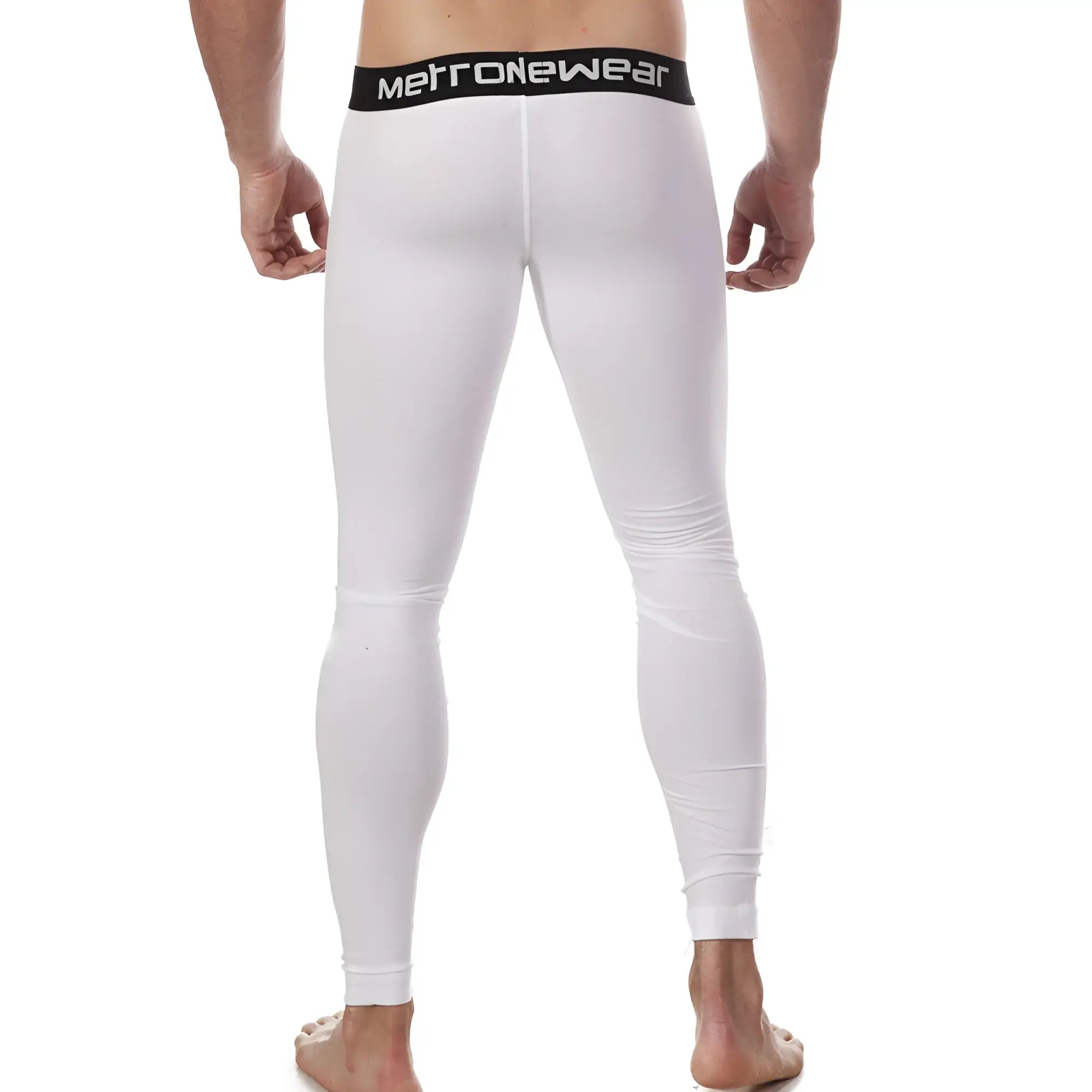 White metronewear cotton long john leggings with a black waistband featuring the brand name in white lettering