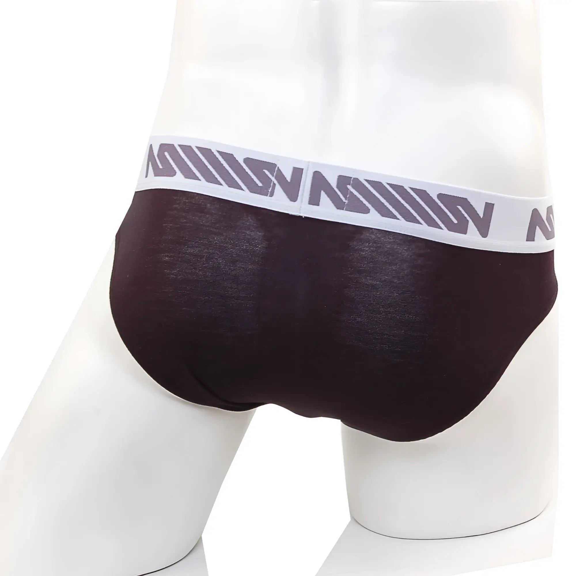Dark brown metro malewear perfect scene hip briefs with white elastic waistband and gray geometric logo pattern