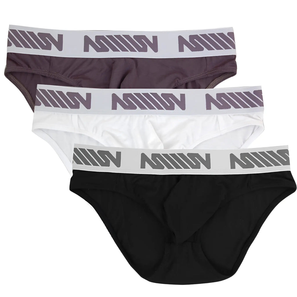 Set of three MetroMaleWear Perfect Scene hip briefs in black white and dark gray with logo print waistbands