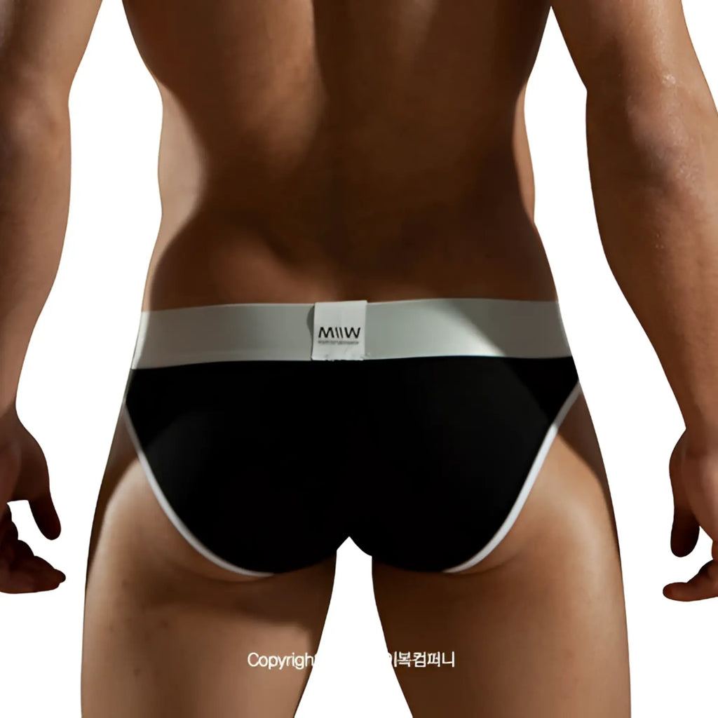 Black briefs with white waistband and miw logo label from metromalewear perfect scene hip brief 1003-20