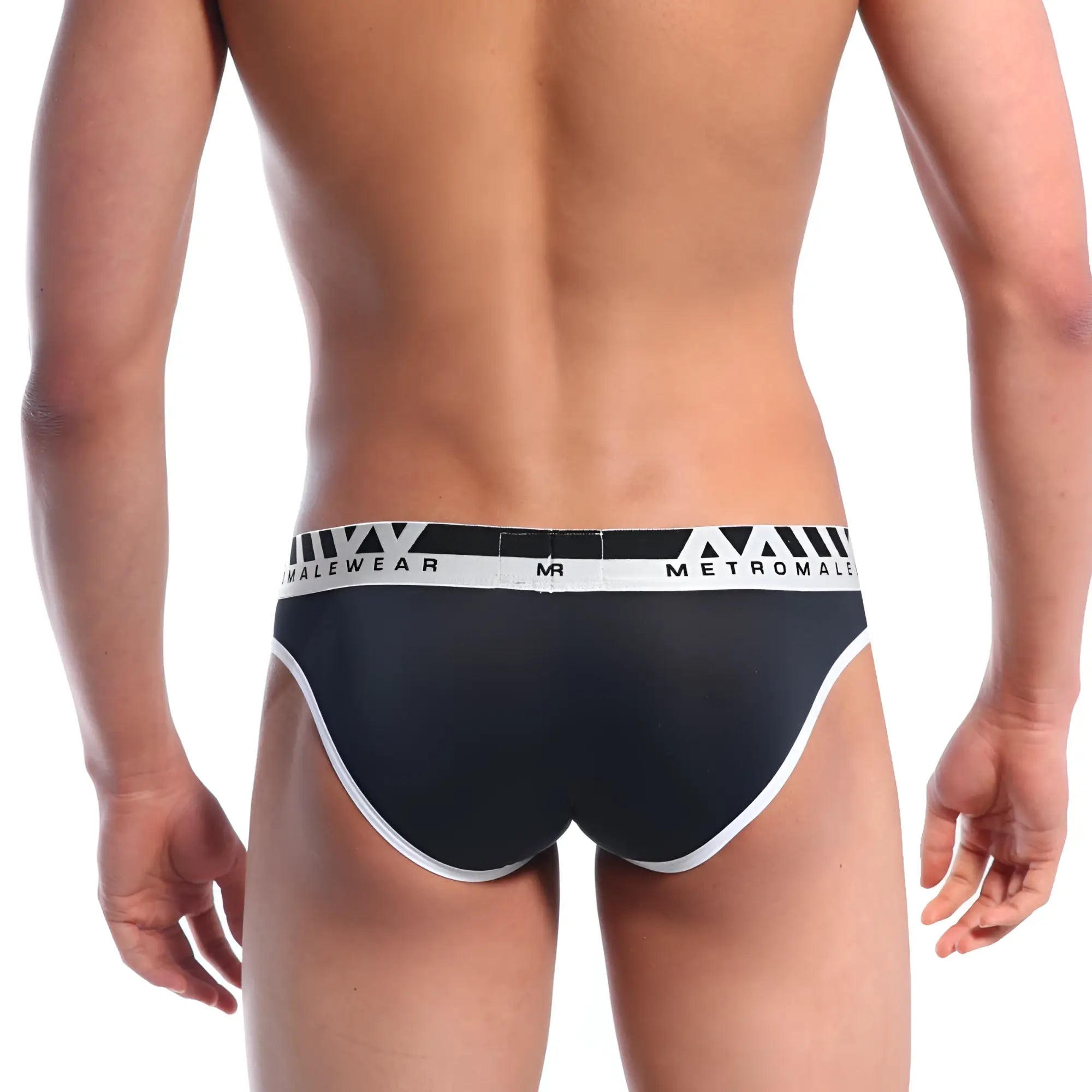 Black men’s metroMaleWear perfect scene hip brief in black with white trim and branded waistband 1003C-20