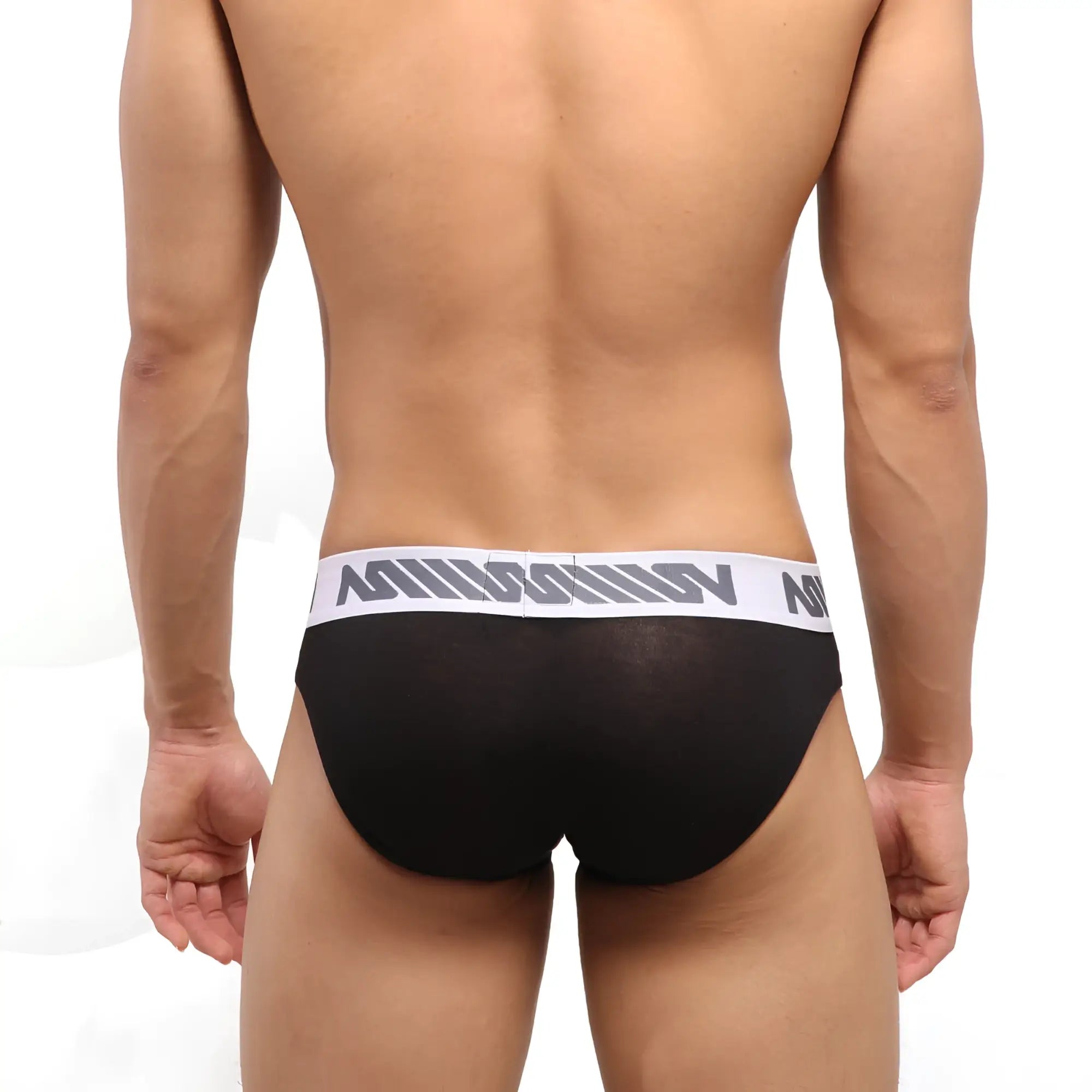 MetroMaleWear perfect scene hip brief in black mesh with white waistband and gray geometric logo front view