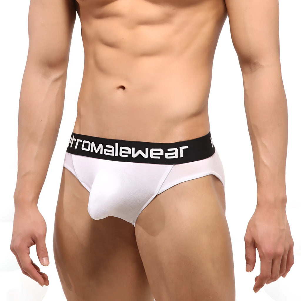 White mens briefs with black waistband and chromalewear logo from metromalewear perfect scene hip brief core white1003-01