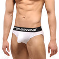 White mens briefs with black waistband and chromalewear logo from metromalewear perfect scene hip brief core white1003-01