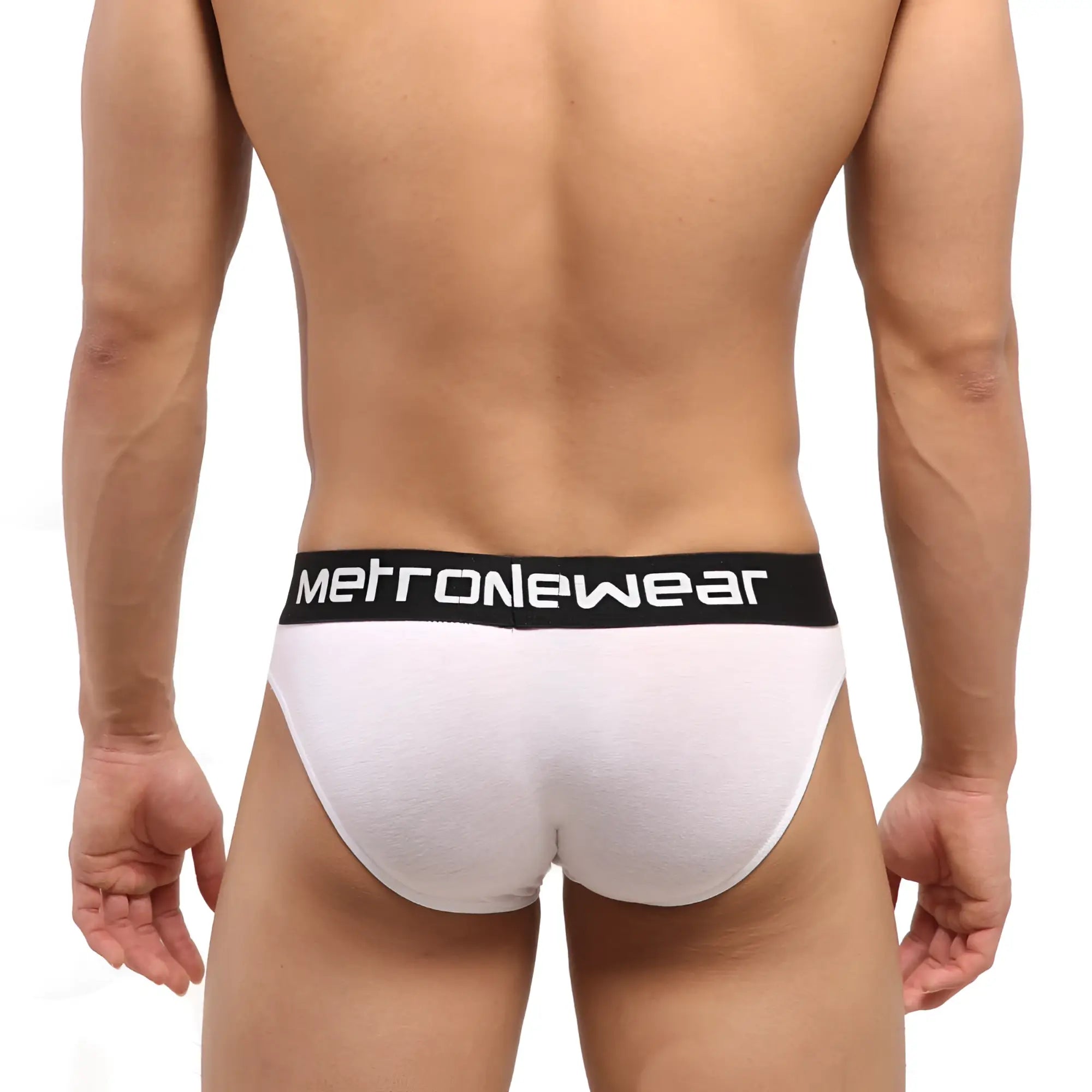 White men’s briefs with a black waistband featuring the metronewear logo in white perfect for everyday comfort