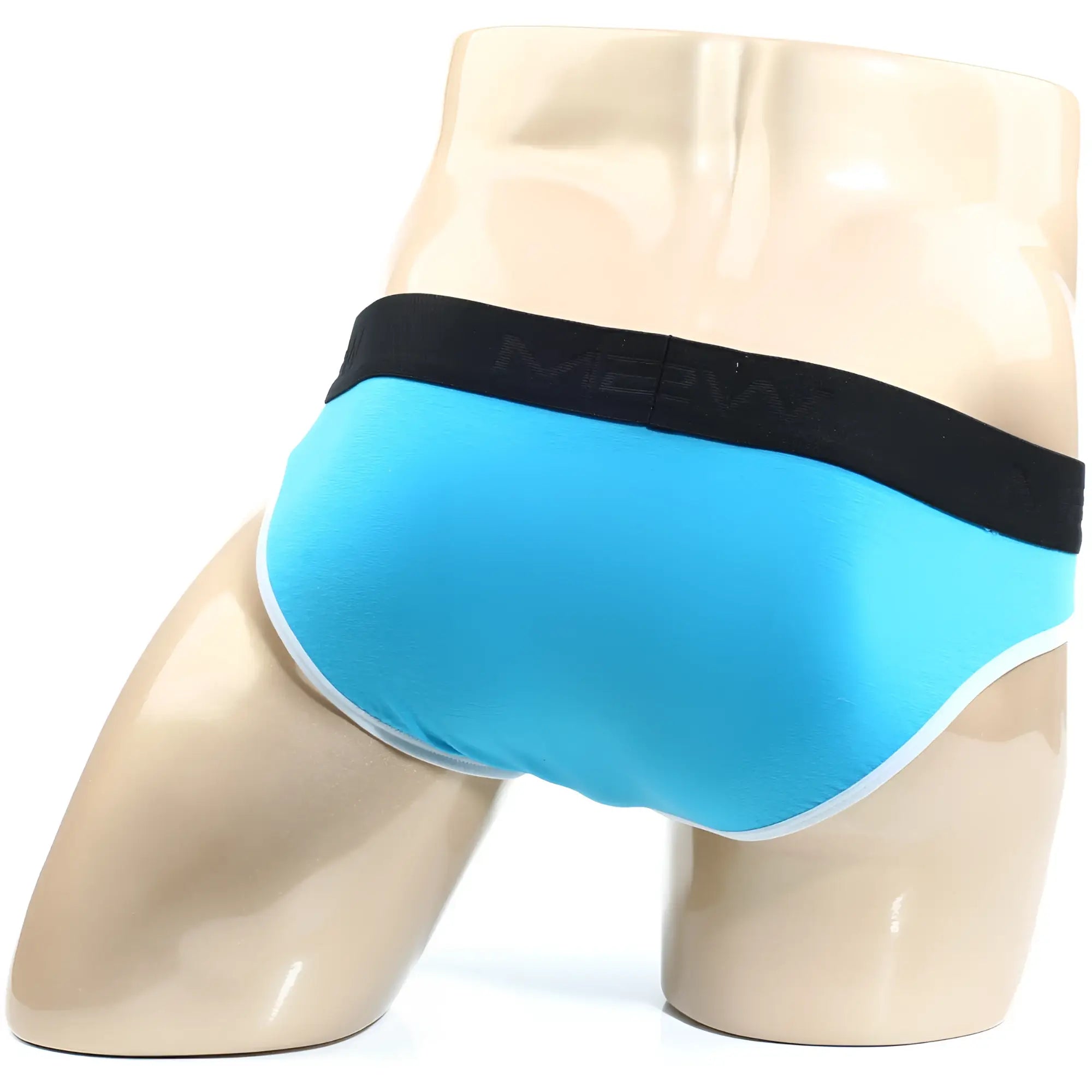 Bright blue metro male wear perfect scene hip briefs with black merw waistband and white leg trim in turquoise