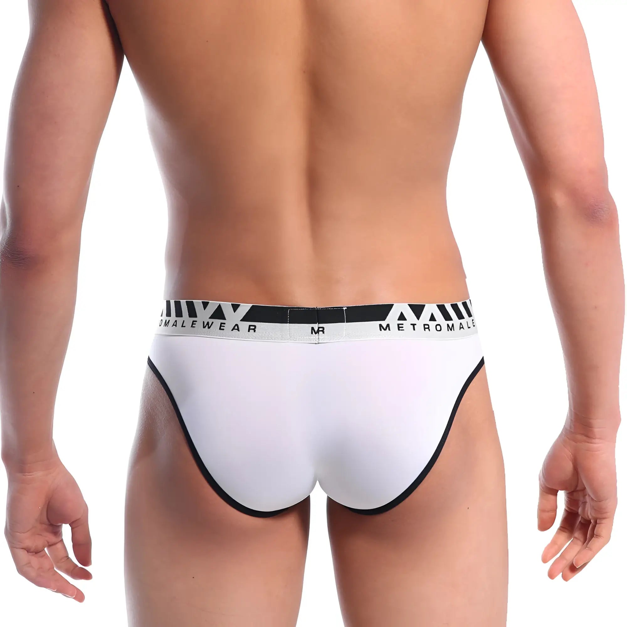 White men’s hip brief with black trim and metromale branded waistband perfect for comfortable everyday wear