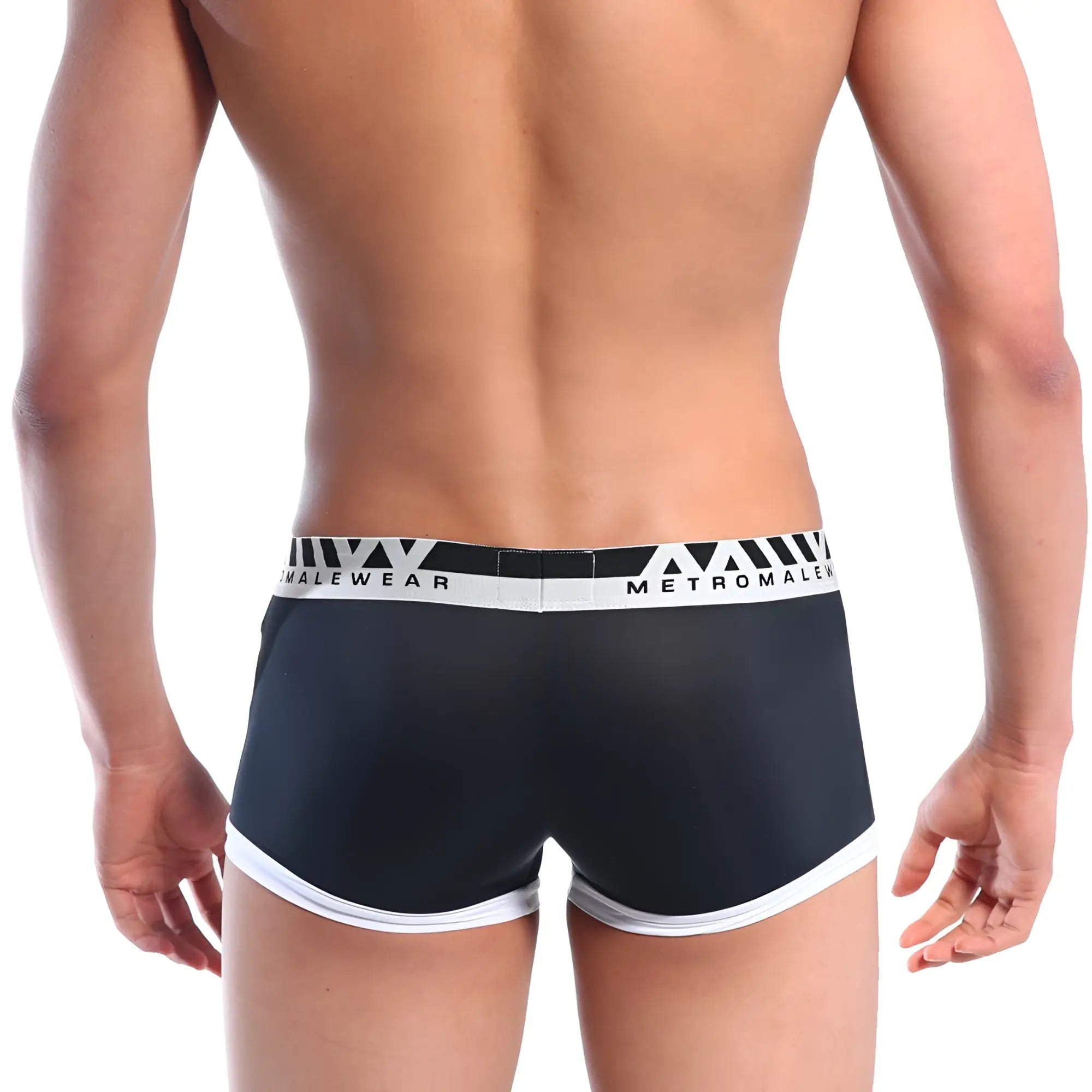 Black men’s briefs with white trim and metromale branded waistband perfect scene hip contrast trunk black 1013c 20