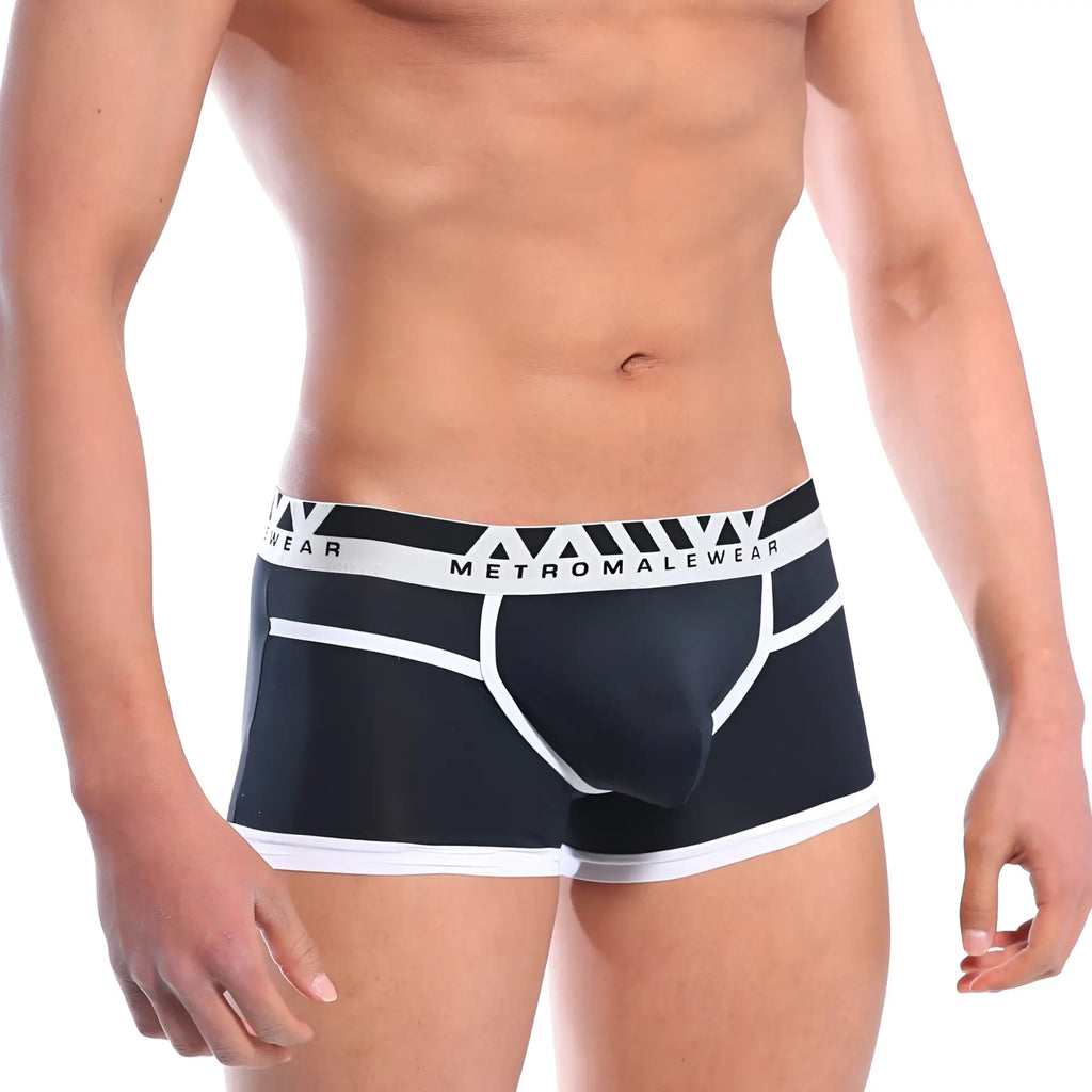 Black and white mens briefs with bold geometric waistband and metromalewear branding perfect for everyday wear