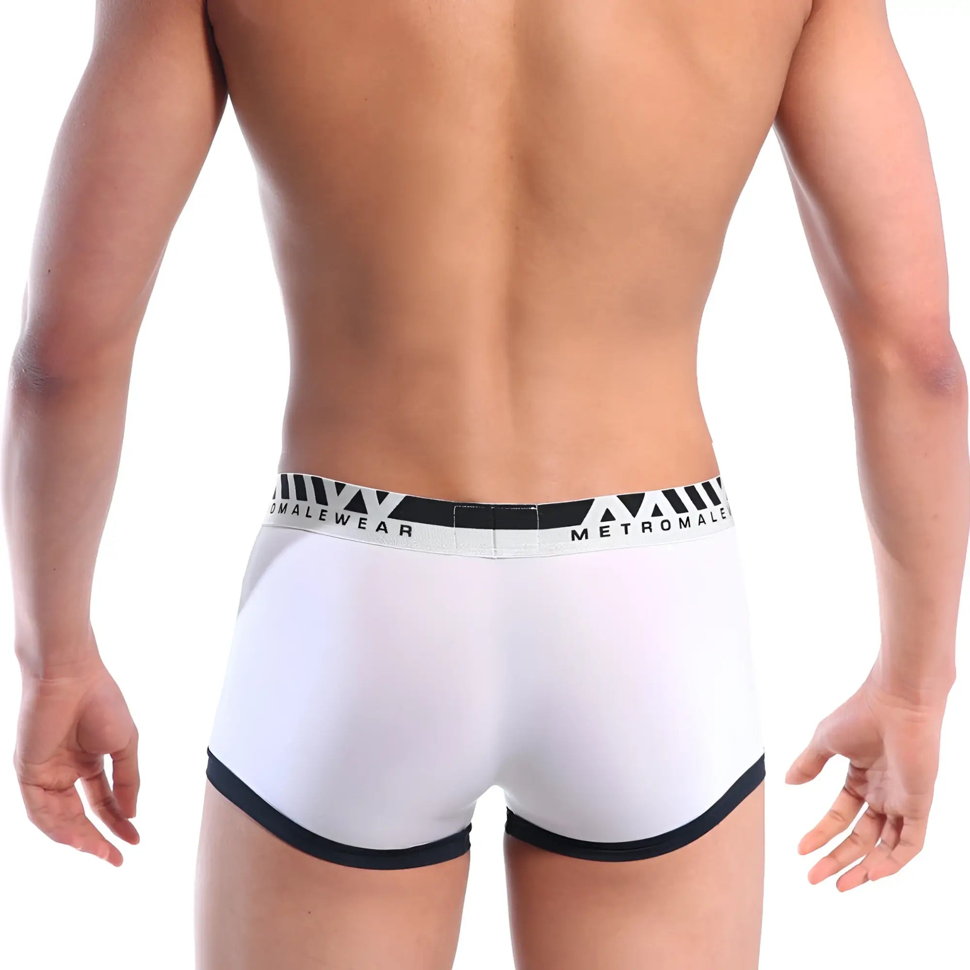 White men’s briefs with black trim and metromale branded waistband from the perfect scene hip contrast trunk line