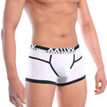 White men’s briefs with black trim and bold metromalewear logo on waistband perfect scene hip contrast trunk
