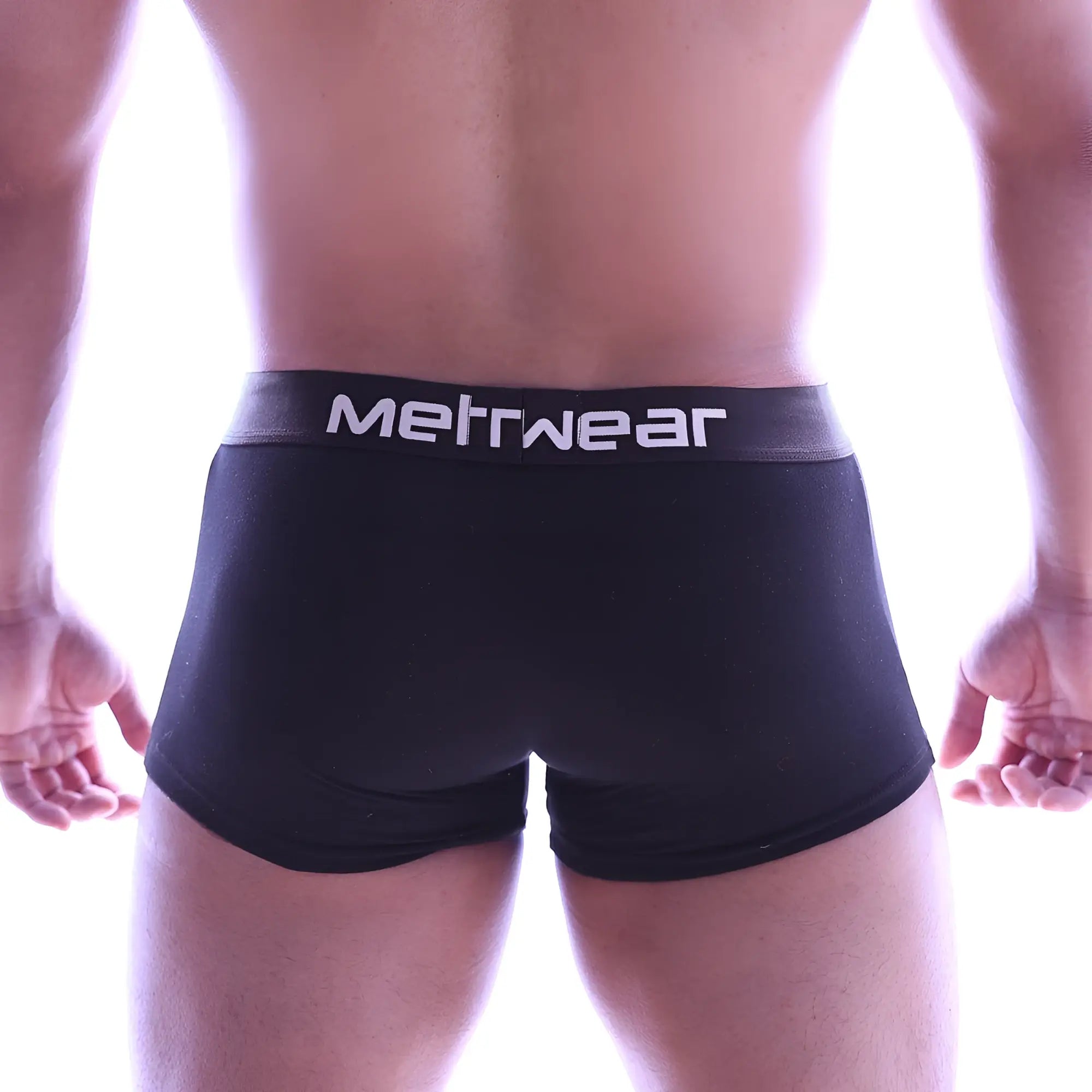 MetroMaleWear perfect scene hip trunk black boxer briefs with a gray waistband featuring white lettering