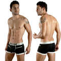 MetroMaleWear perfect scene hip trunk black men’s briefs with white trim and silver logo waistband front view