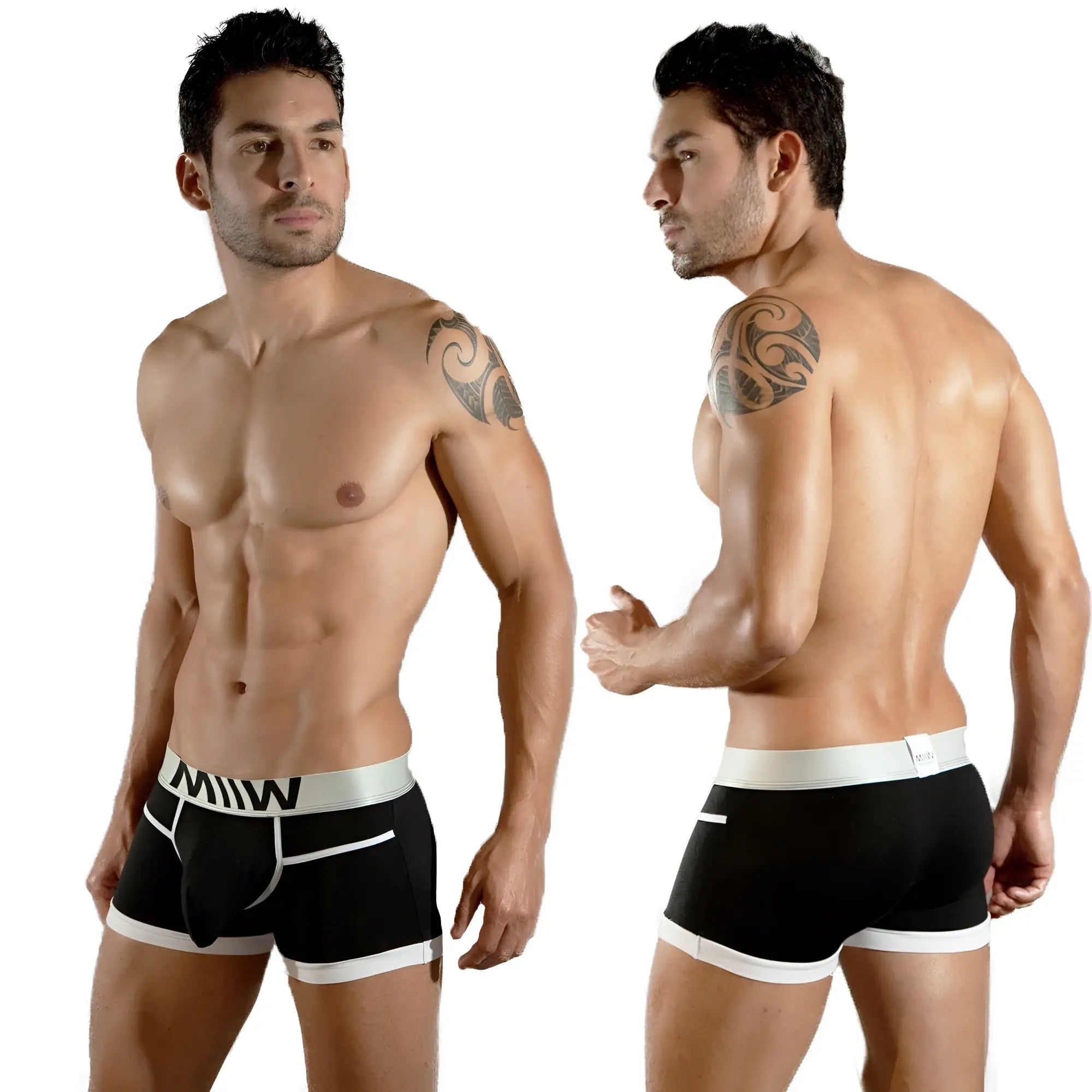 MetroMaleWear perfect scene hip trunk black men’s briefs with white trim and silver logo waistband front view