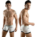 White mens briefs with black trim and bold miw logo waistband from metromalewear perfect scene hip trunk 1013-00