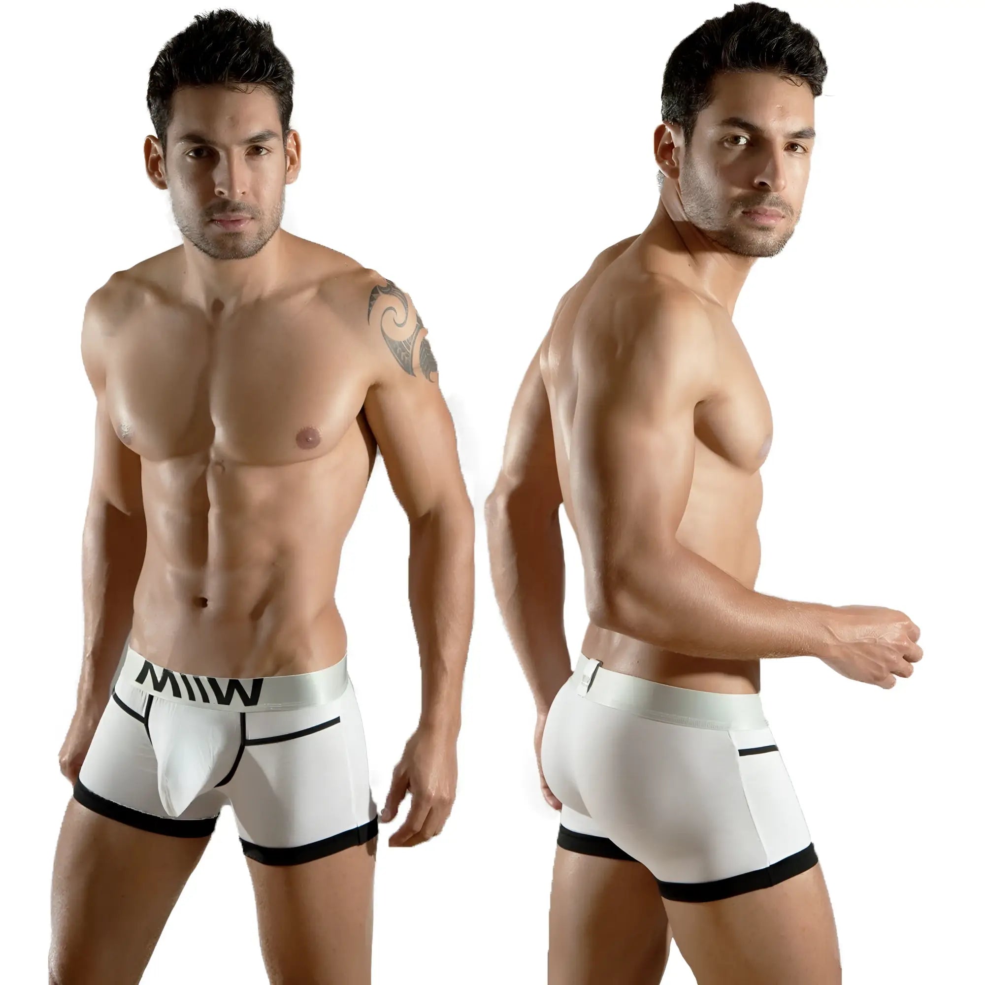 White mens briefs with black trim and bold miw logo waistband from metromalewear perfect scene hip trunk 1013-00