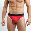 Red athletic briefs with black waistband and white trim from metromalewear perfect scene jock strap red 1001-12