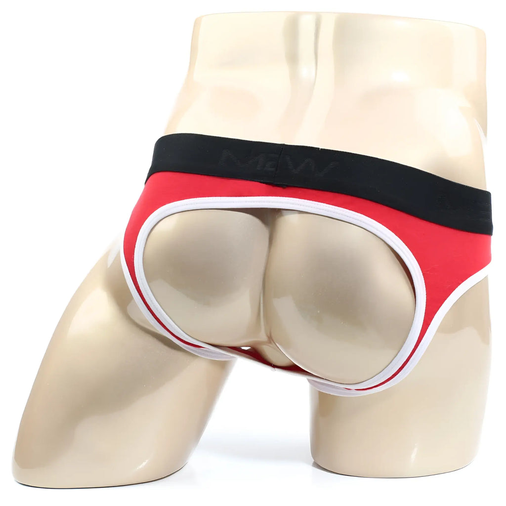 Red and black mens briefs with white trim and branded waistband from MetroMaleWear perfect scene jock strap series