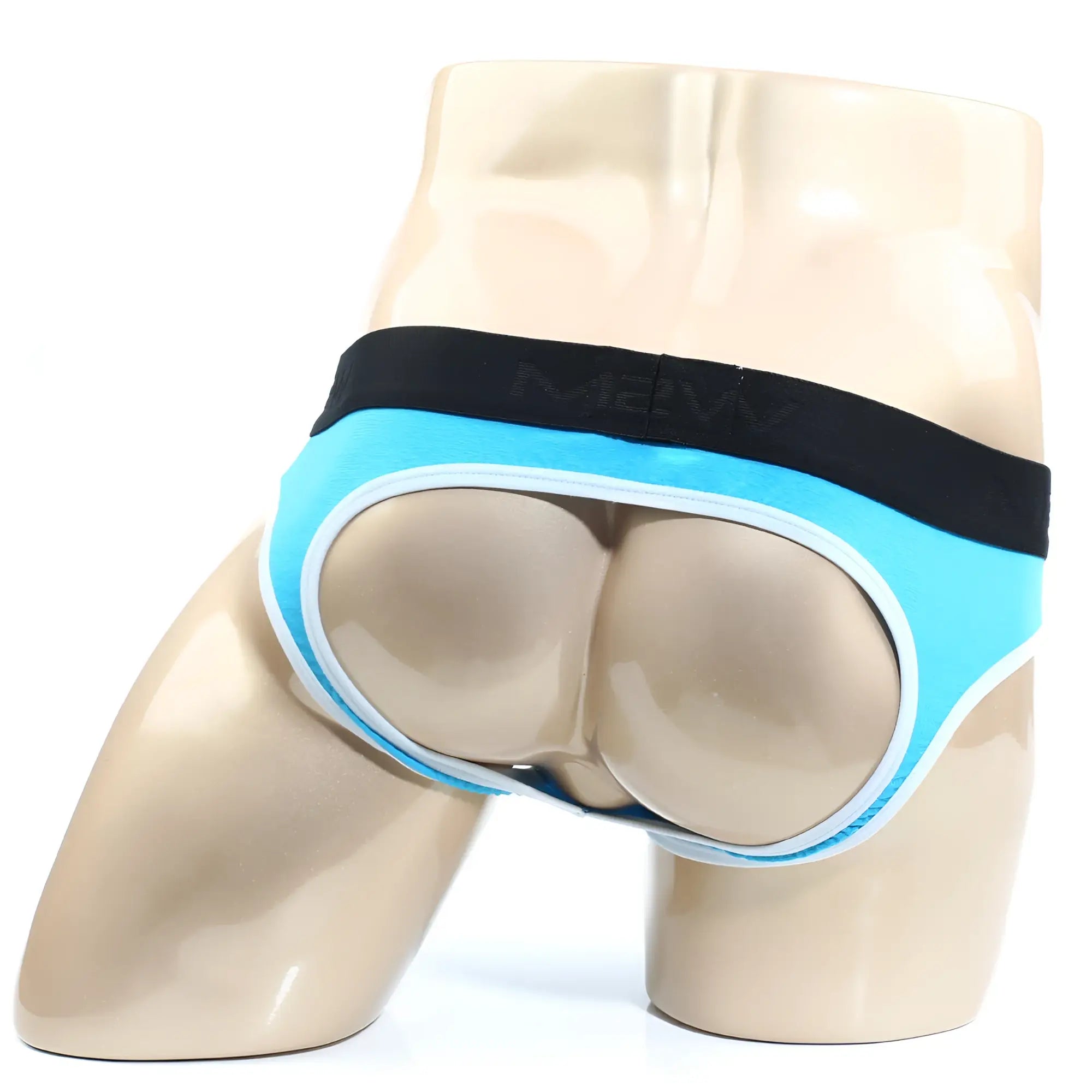 Light blue and white men’s briefs with black mevv waistband perfect scene jock strap turquoise 1001-08 front side