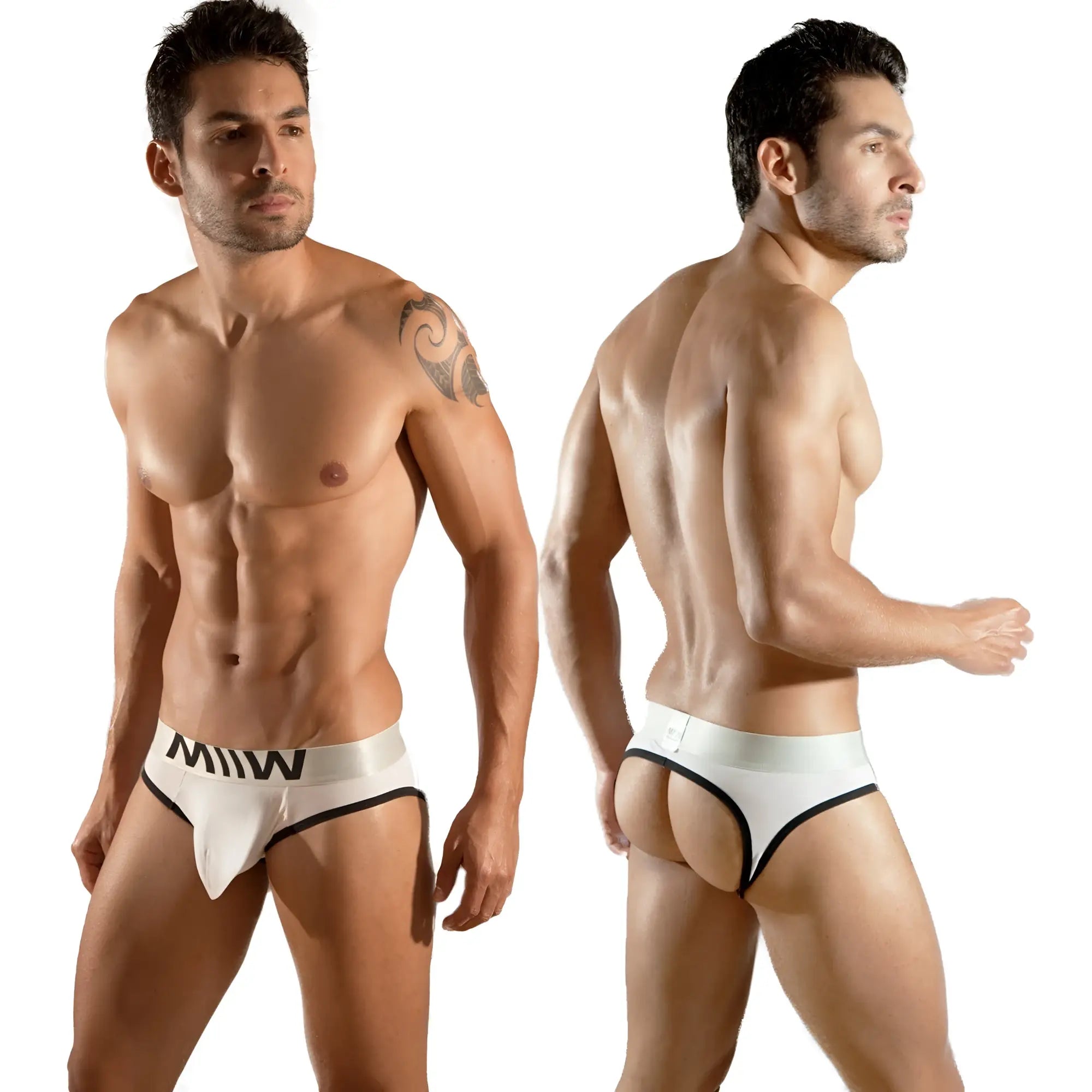White Miw brand briefs with black trim and bold logo waistband from MetroMaleWear Perfect Scene Jock Strap 1001-00