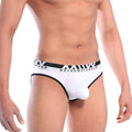 White men’s briefs with black trim and metromalewear branded waistband perfect for everyday comfort
