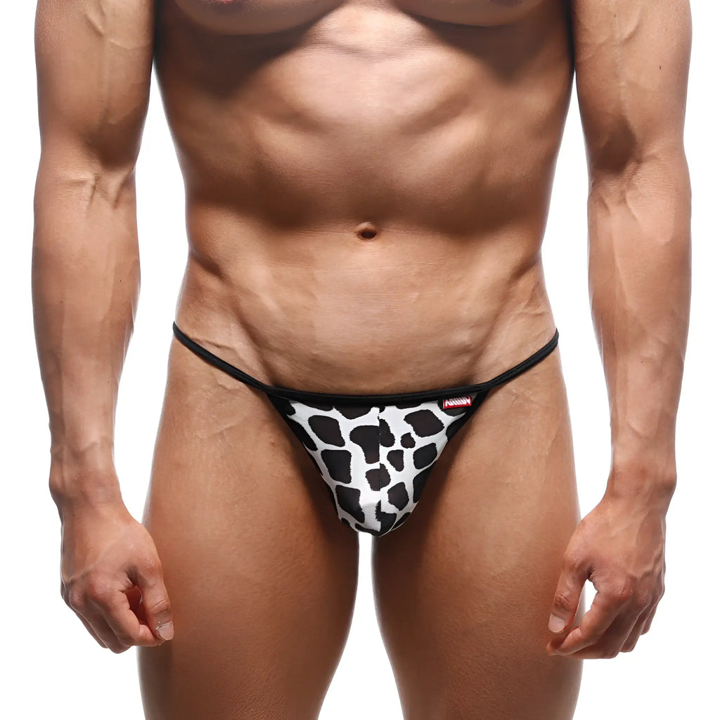 MetroMaleWear Perfect Scene String Dalmatian 2014-77 black and white cow print thong with thin black elastic waistband