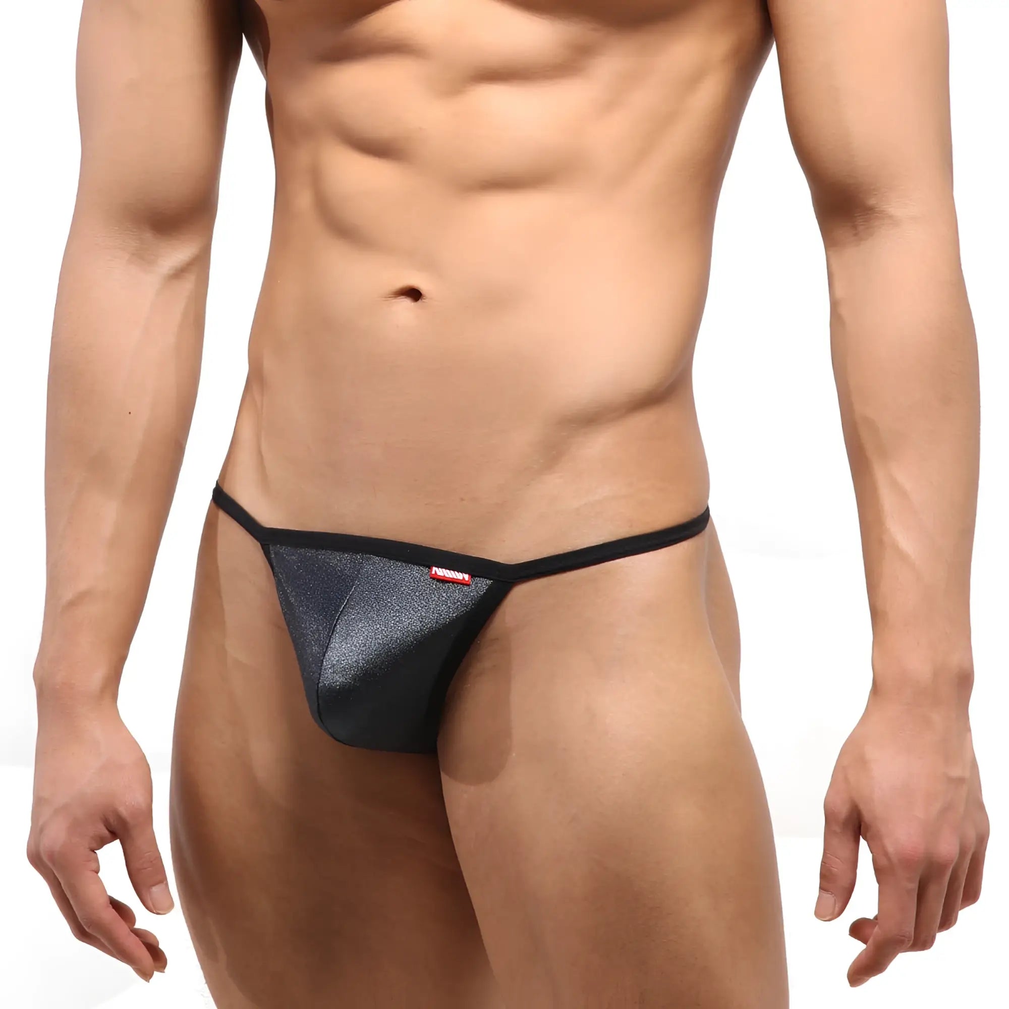 Black glittery thong with red brand tag on the side from metromalewear perfect scene string metal gray 2014-11