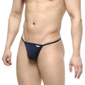 Navy blue mesh thong with sleek minimalist design and subtle white logo on waistband metro male wear perfect scene string