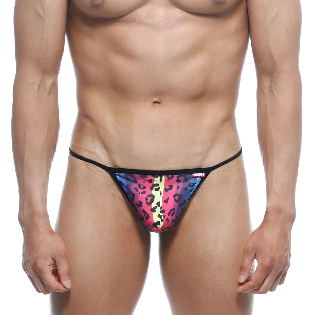 Vibrant rainbow leopard-print thong with black trim from metromalewear perfect scene string neon 2014-05 collection