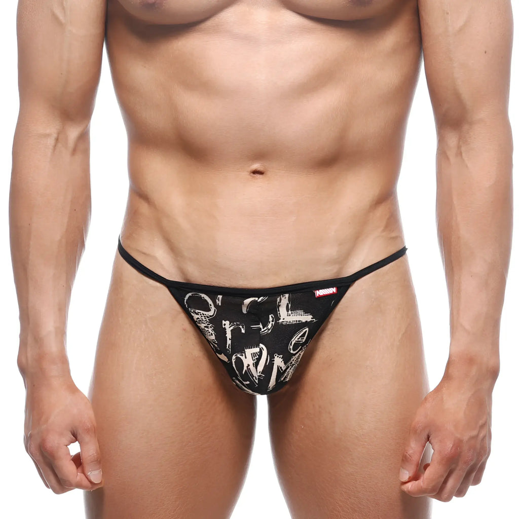 Black thong with white graffiti style lettering and red brand tag on waistband from MetroMaleWear Perfect Scene String Oraculo 2014-78