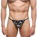 Black thong with white graffiti style lettering and red brand tag on waistband from MetroMaleWear Perfect Scene String Oraculo 2014-78