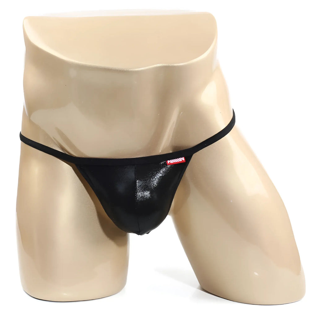 Black patent leather thong with red and white metro male wear brand tag on waistband perfect scene string pearl 2014-22