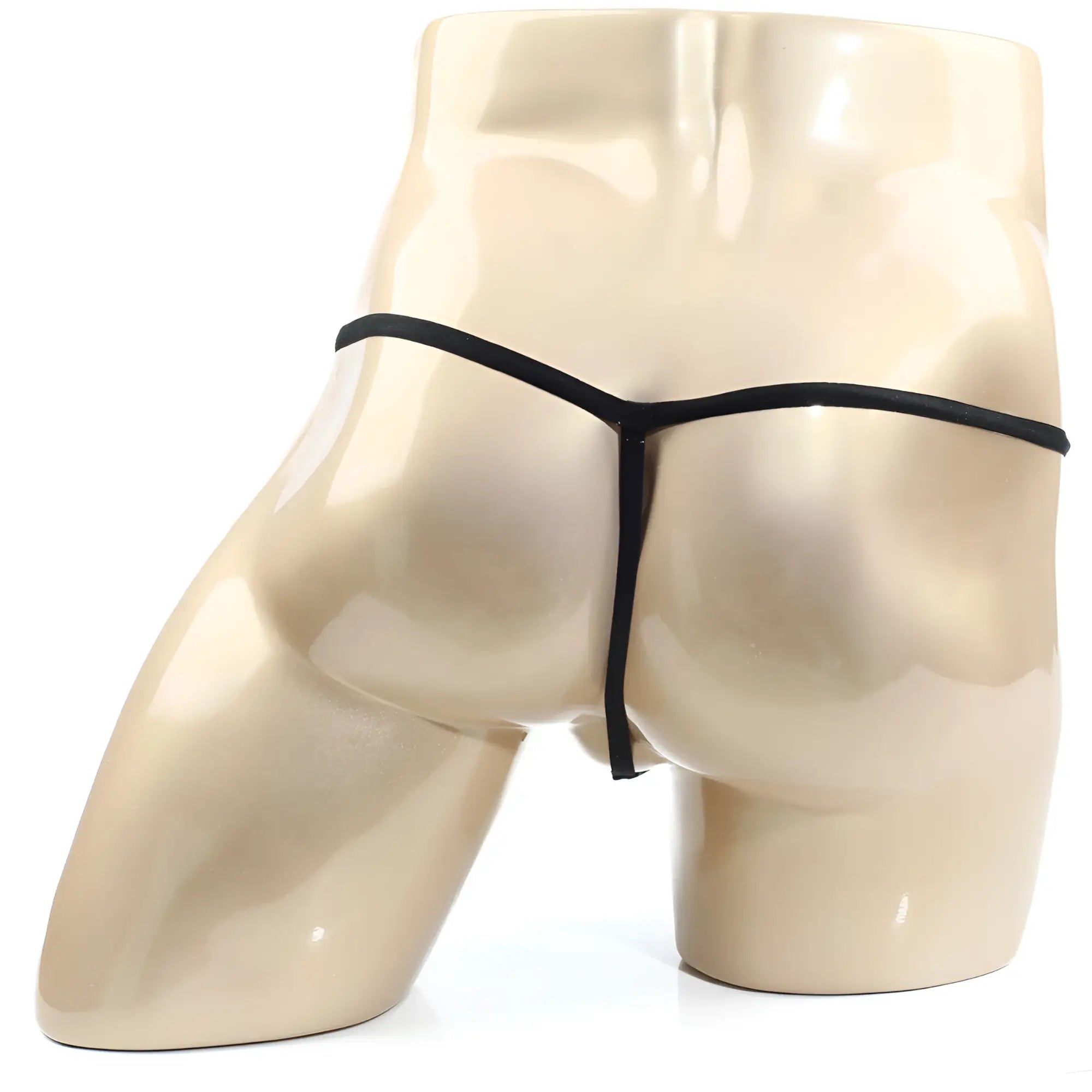 Black thong with pearl accents displayed on a mannequin from metromalewear perfect scene string 2014-22