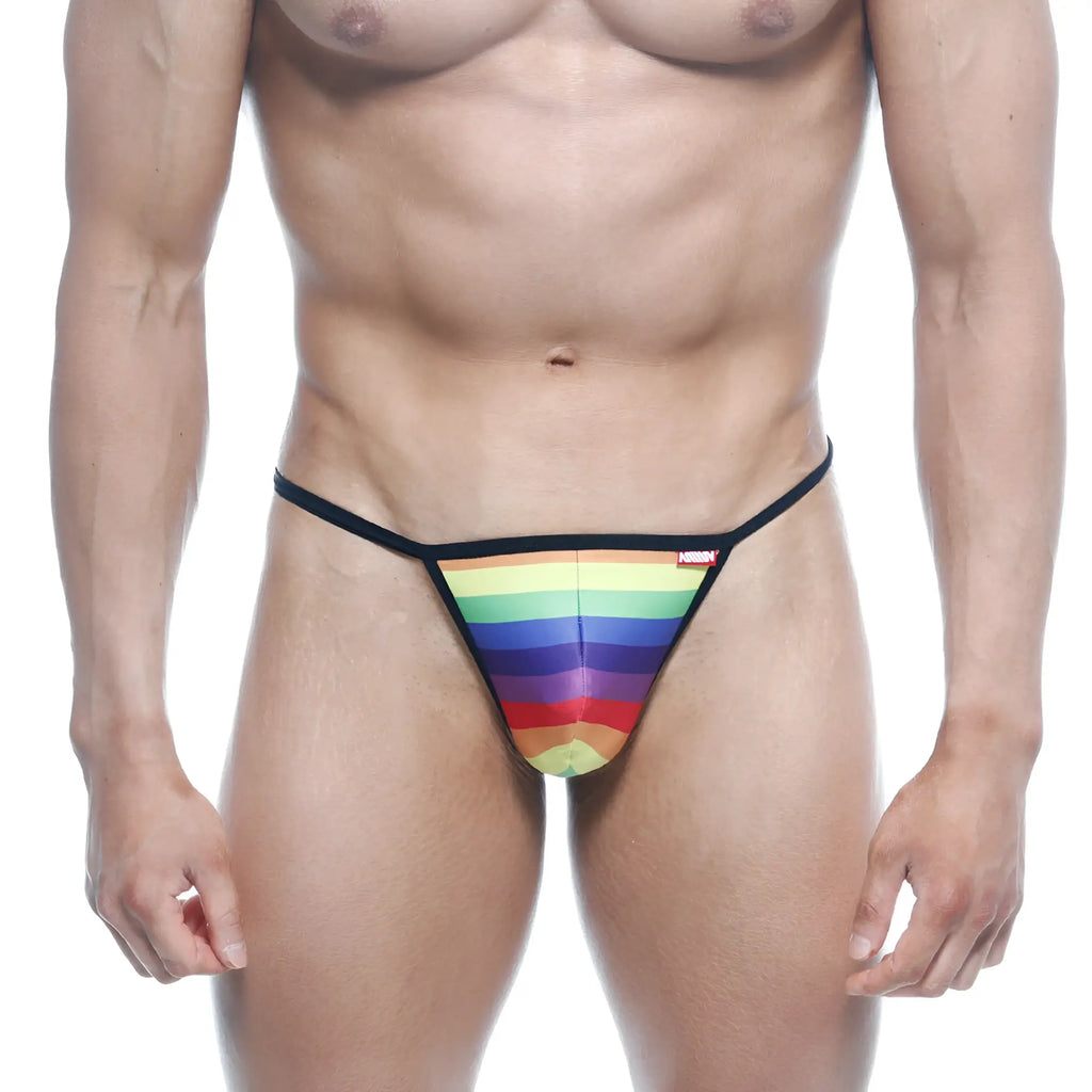 MetroMaleWear perfect scene string rainbow 2014-04 thong with rainbow stripes black elastic waistband and red tag