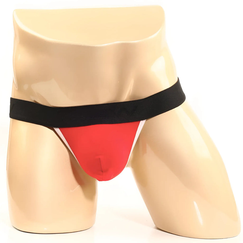 Red and black metroMalewear perfect scene y-back thong with white trim displayed on a mannequin from the back side