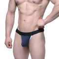MetroMalewear perfect scene y-back thong in dark blue and white with black elastic waistband shown from the back