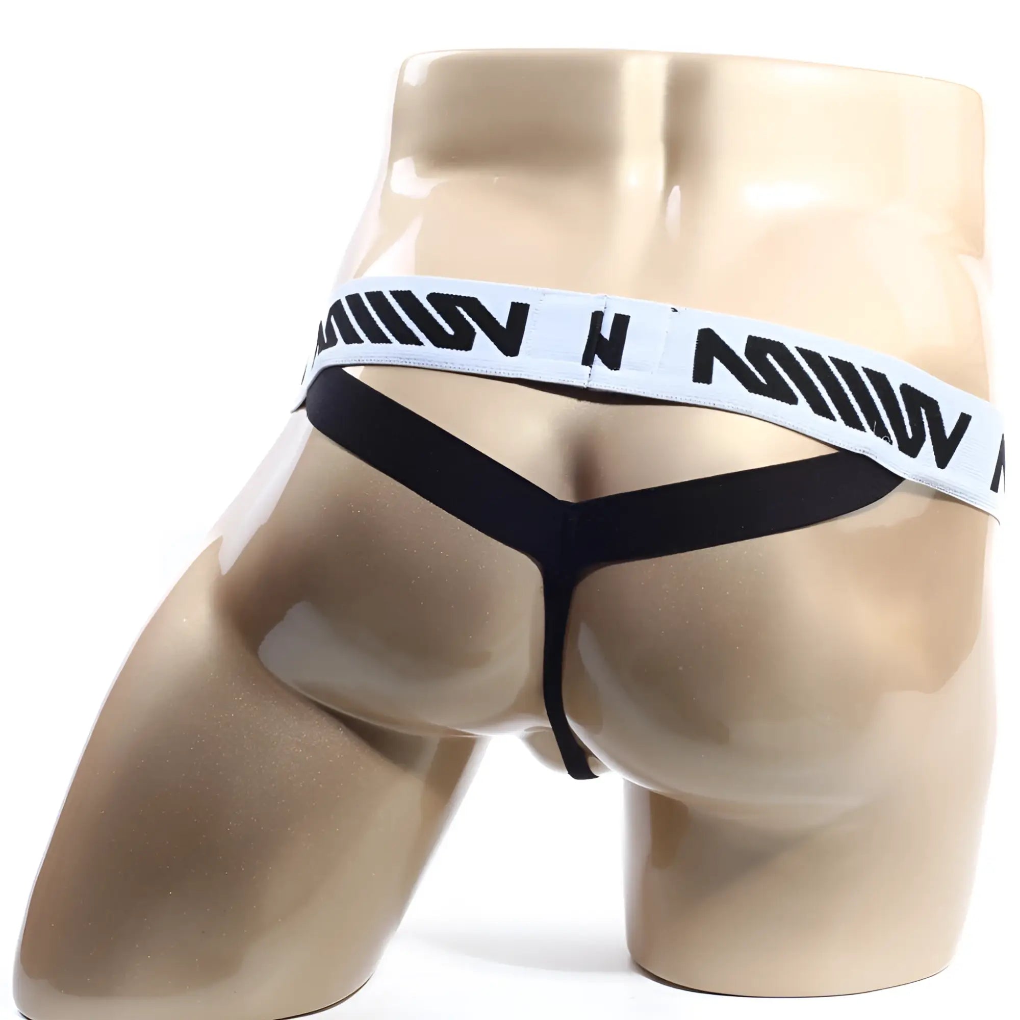 Black thong with a white waistband and bold black lettering from metromalewear perfect scene y-back thong white 1002-00 back view
