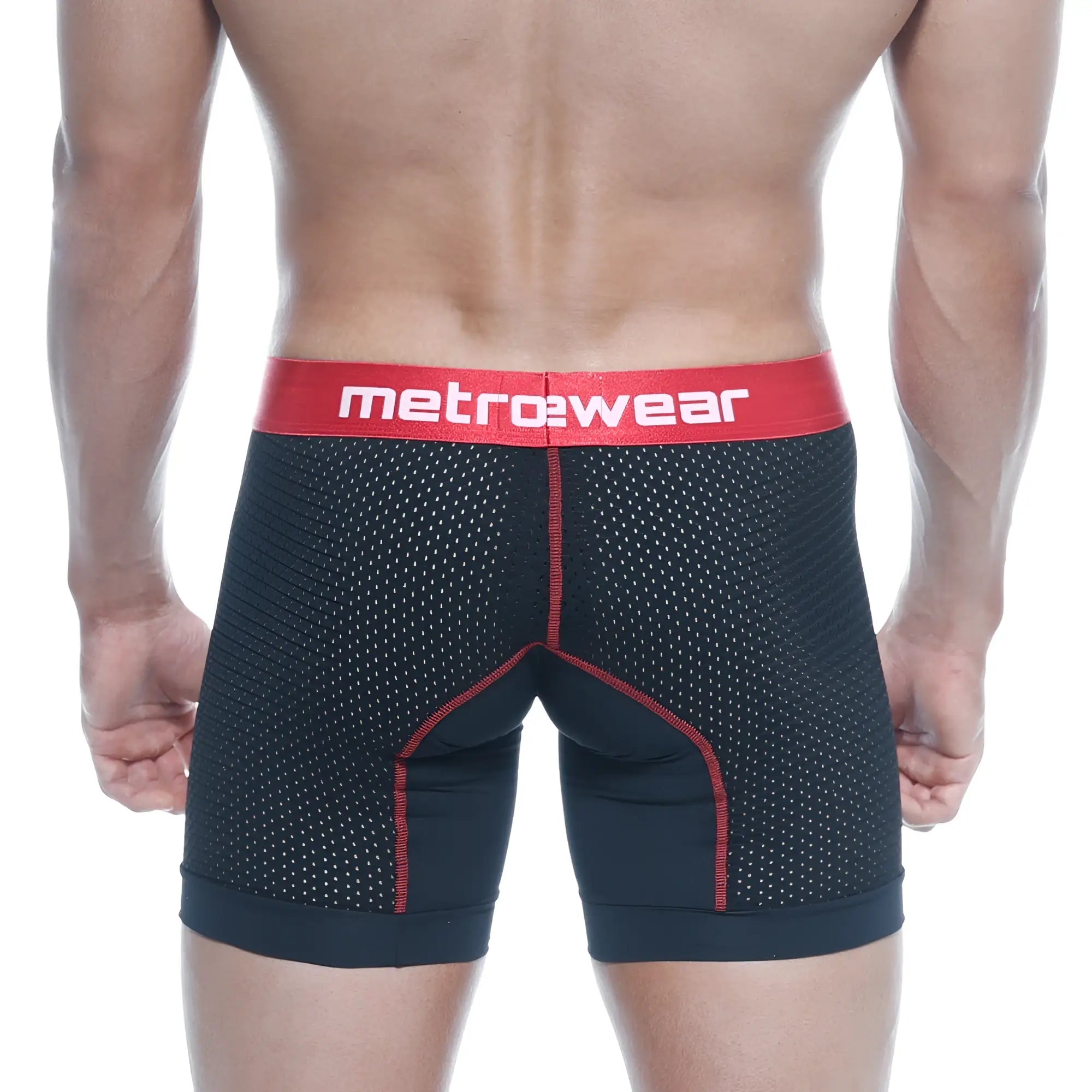 MetroMaleWear Performance boxer black mesh briefs with red trim and bold metrowear logo waistband 2023-P20