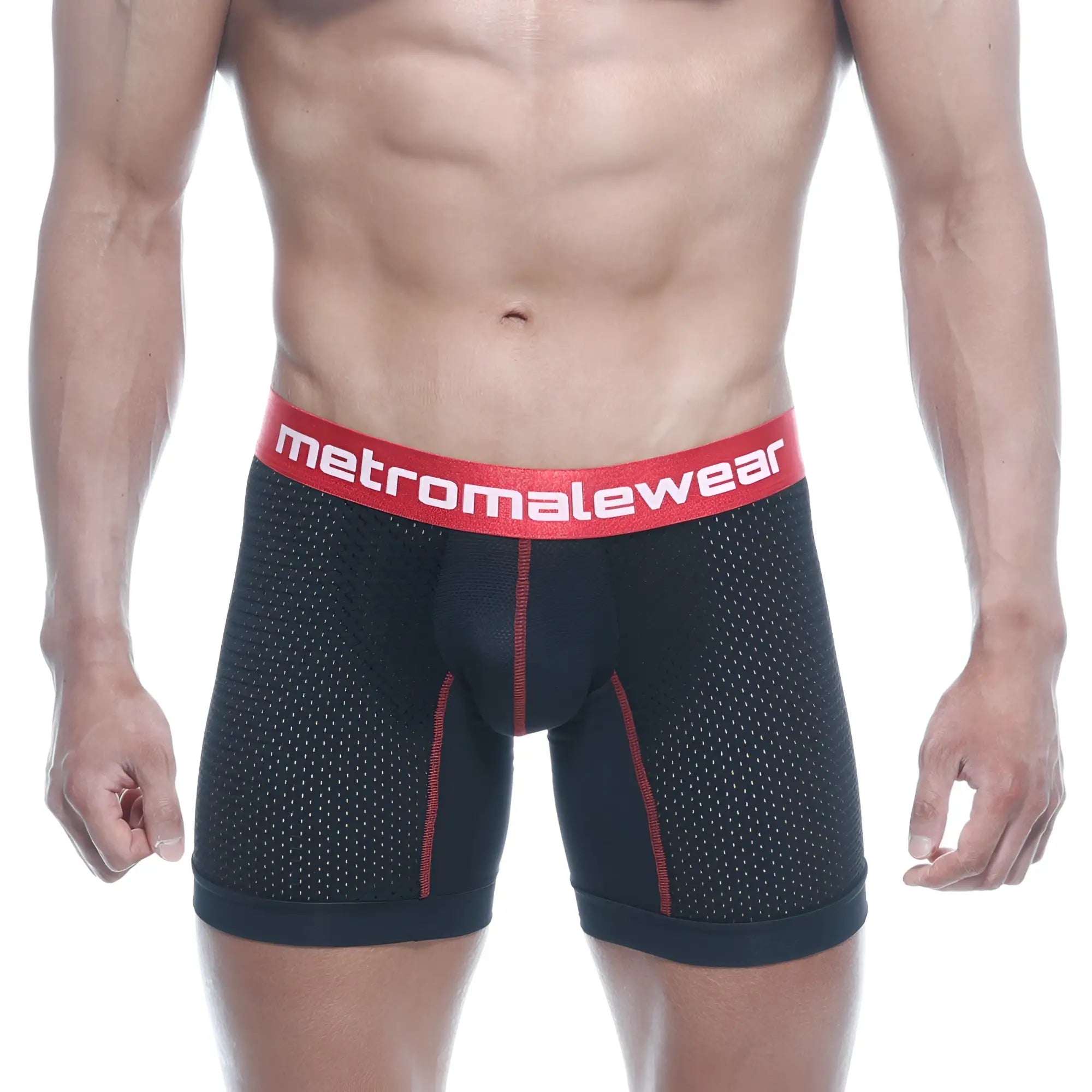 Black mesh metro malewear performance boxer briefs with red trim and bold red waistband 2023 P20 model