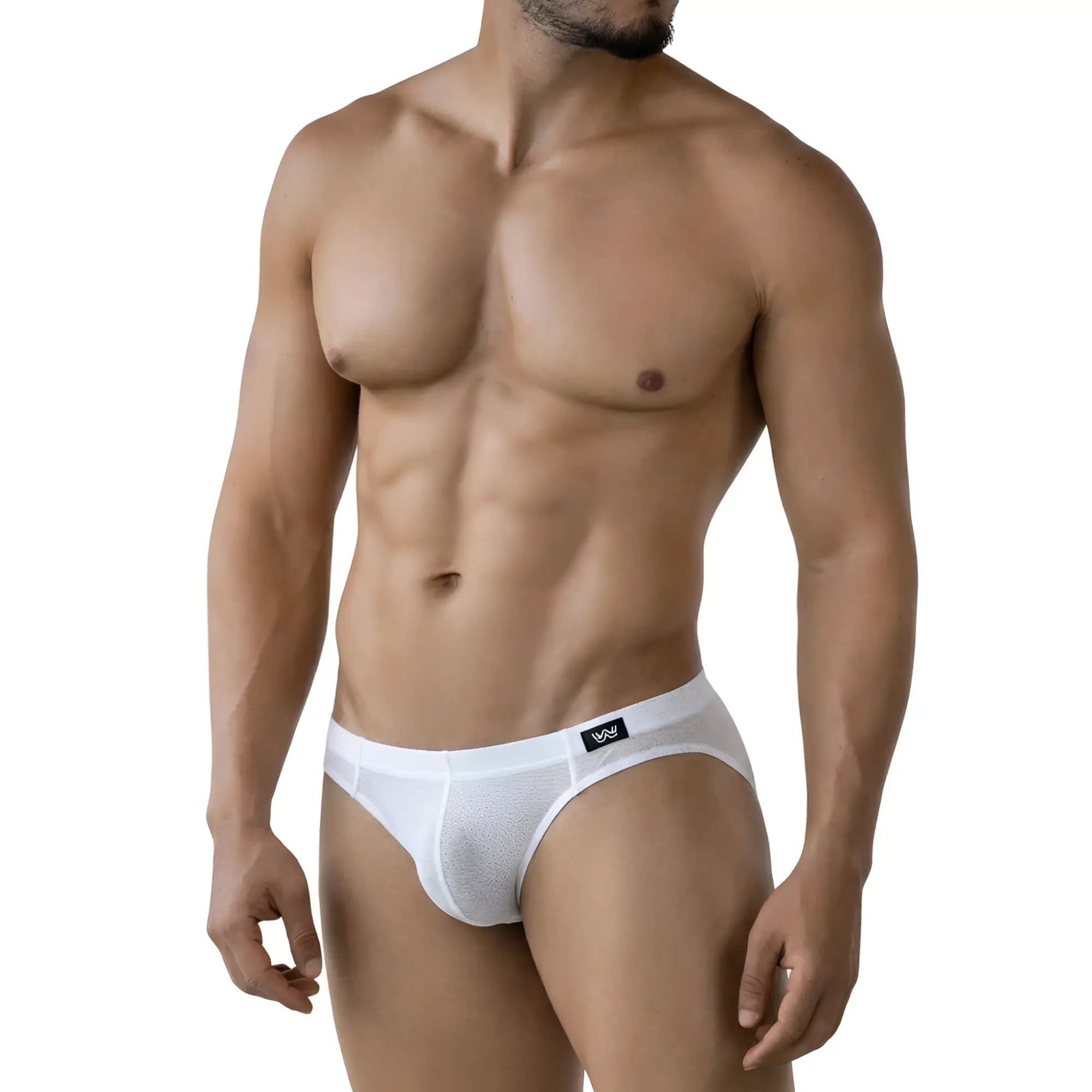 White mesh metro malewear perla bikini briefs with black logo waistband lightweight breathable underwear