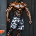 Gray and black camouflage swim trunks with drawstring waistband from metromalewear physique board short camo 4706-60