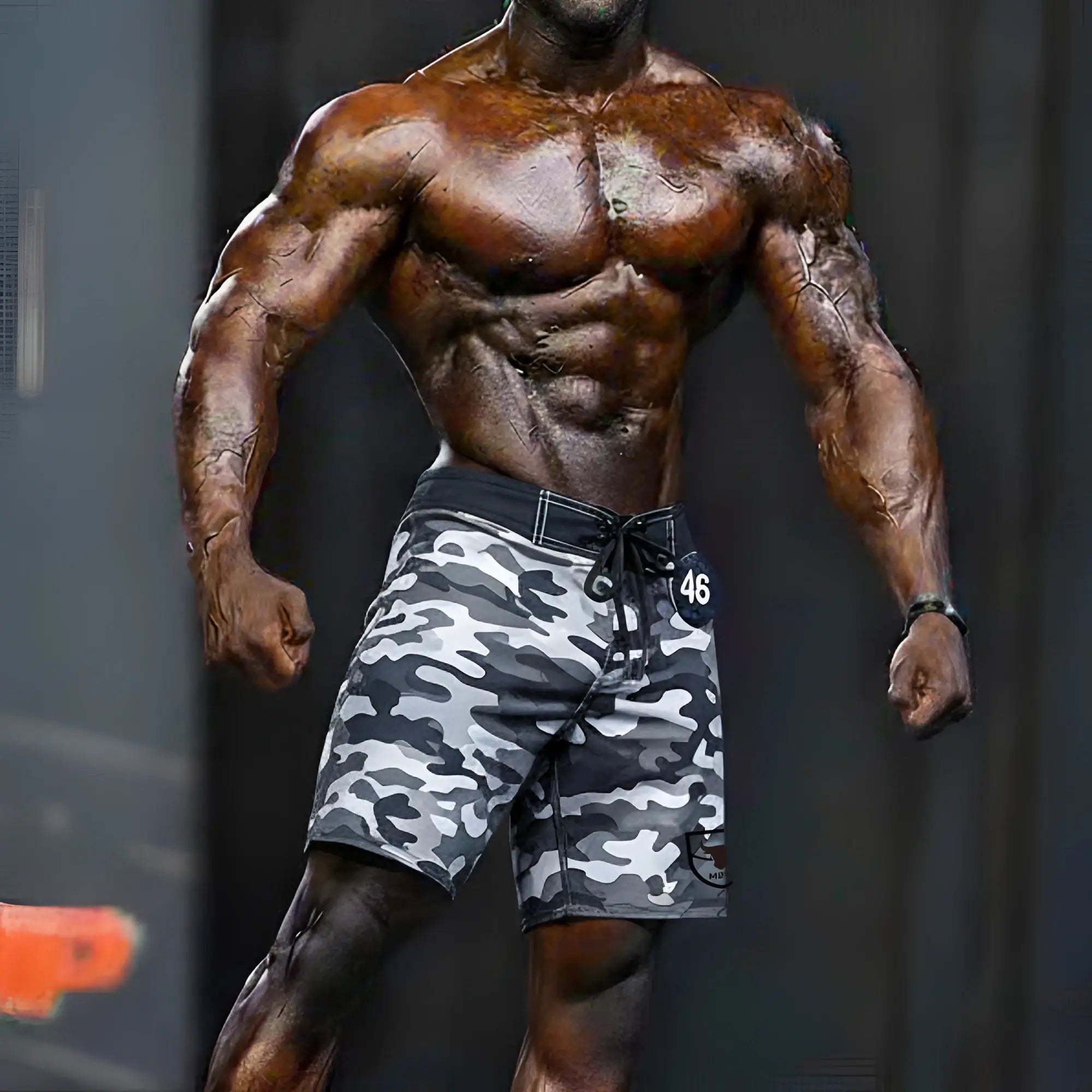 Gray and black camouflage swim trunks with drawstring waistband from metromalewear physique board short camo 4706-60