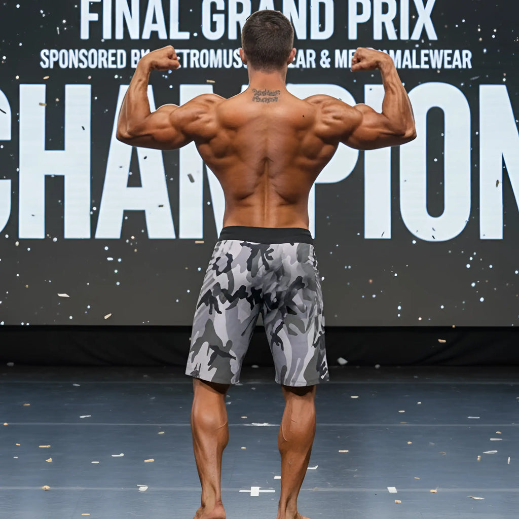 A muscular man stands on stage wearing MetroMaleWear physique board short camo 4706-60 with a black waistband